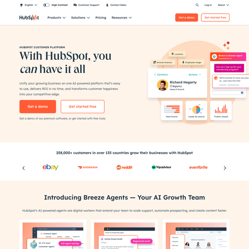 hubspot.com homepage in Jun 2025