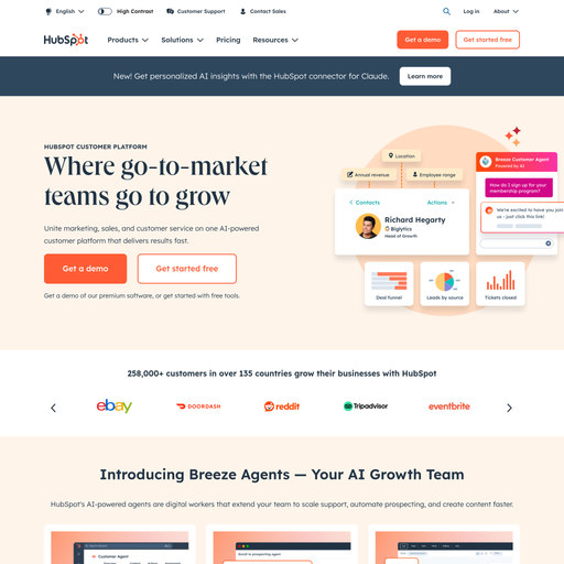 hubspot.com homepage in Aug 2025