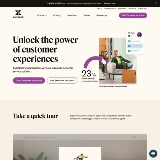 zendesk.com homepage in Jan 2024