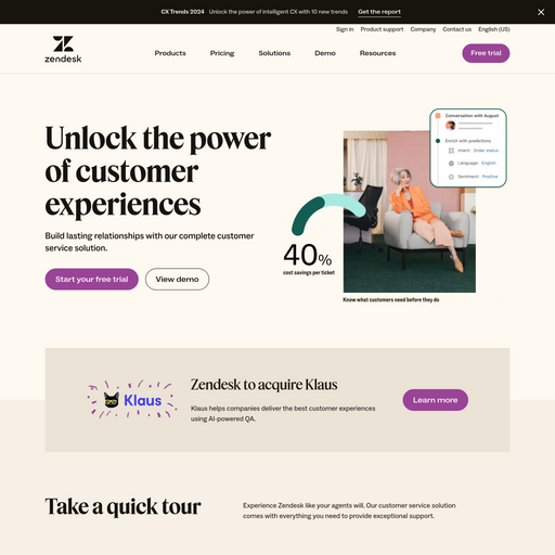 zendesk.com homepage in Feb 2024